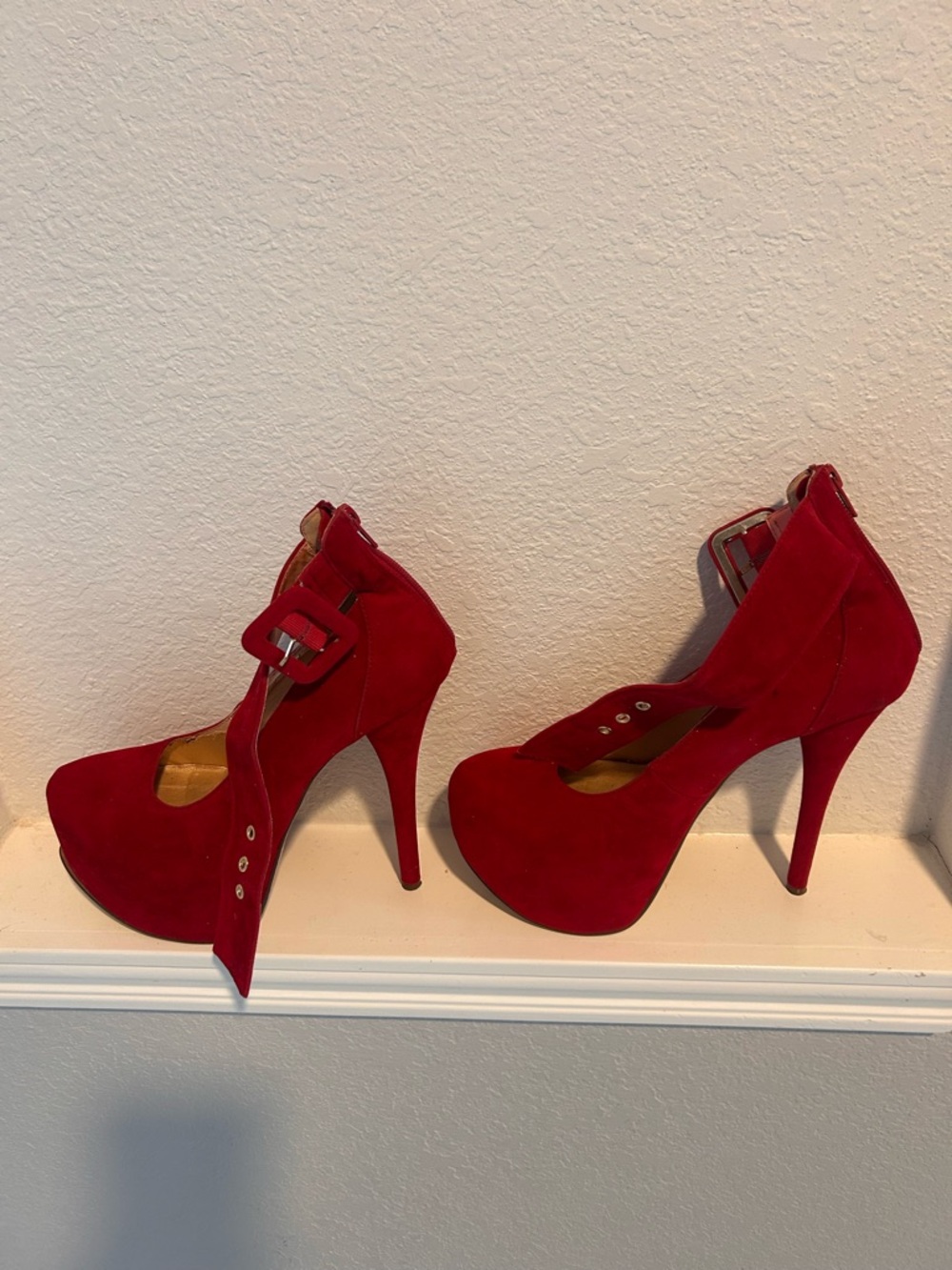 Red Suede High Heel Ankle Strap Pumps